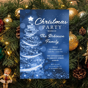 Christmas Tree Sparkle Blue Christmas Party Invitation