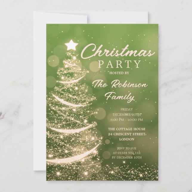 Christmas Tree Sparkle Green Gold Christmas Party Invitation (Front)
