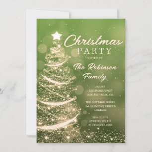 Christmas Tree Sparkle Green Gold Christmas Party Invitation
