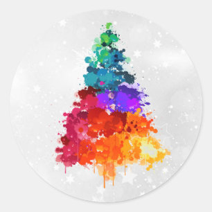 Christmas Tree, Splatter Paint, Primary Colours Classic Round Sticker