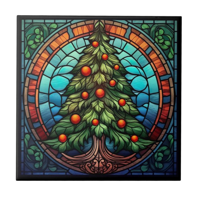 Christmas Tree Stained Glass Ceramic Tile (Front)