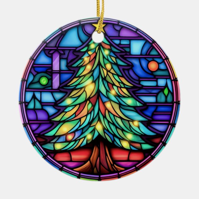 Christmas Tree stained glass style Ceramic Ornament (Front)