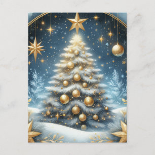 Christmas tree starry night, blues and gold design postcard