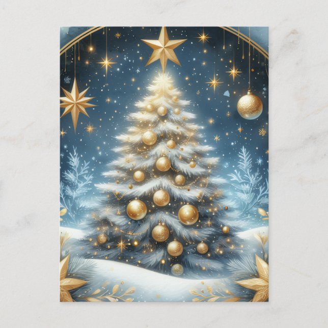 Christmas tree starry night, blues and gold design postcard (Front)