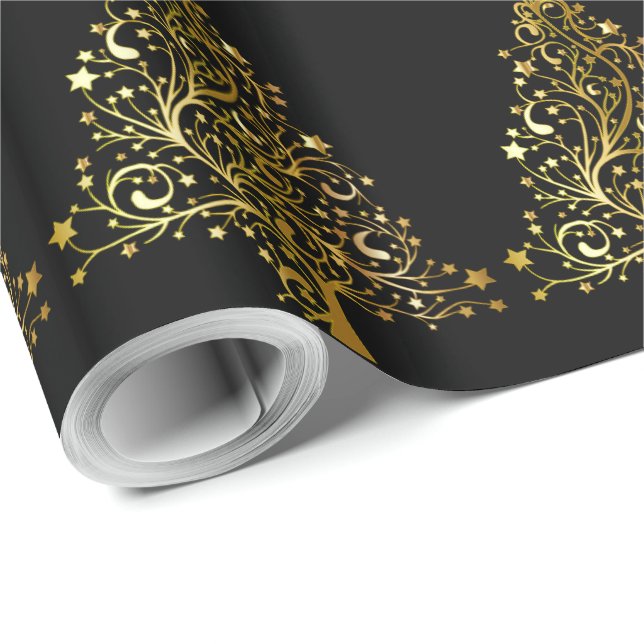 Christmas Tree Stars Black Gold Metallic Look Wrapping Paper (Roll Corner)