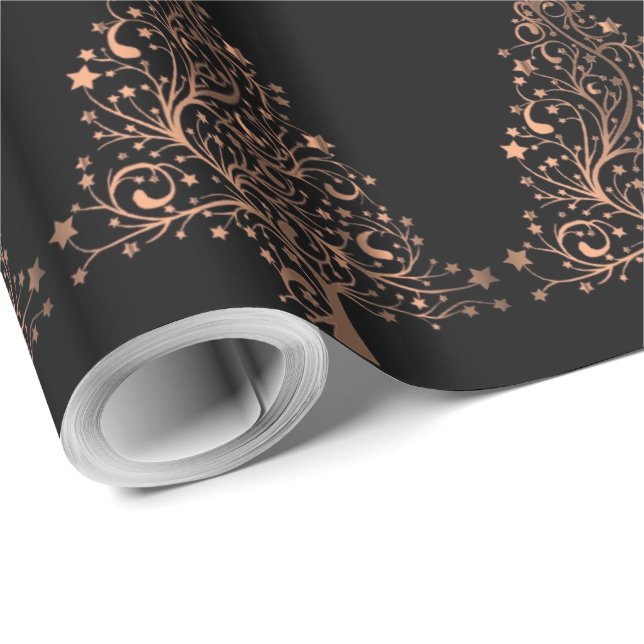 Christmas Tree Stars Black Metallic Brown Copper Wrapping Paper (Roll Corner)