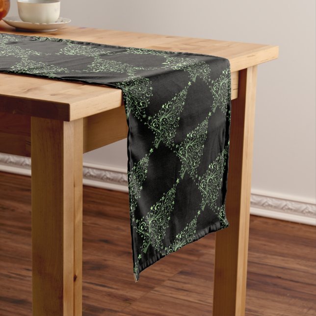 Christmas Tree Stars Black Metallic Green Look Long Table Runner (In Situ)