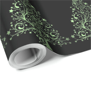 Christmas Tree Stars Black Metallic Green Look Wrapping Paper