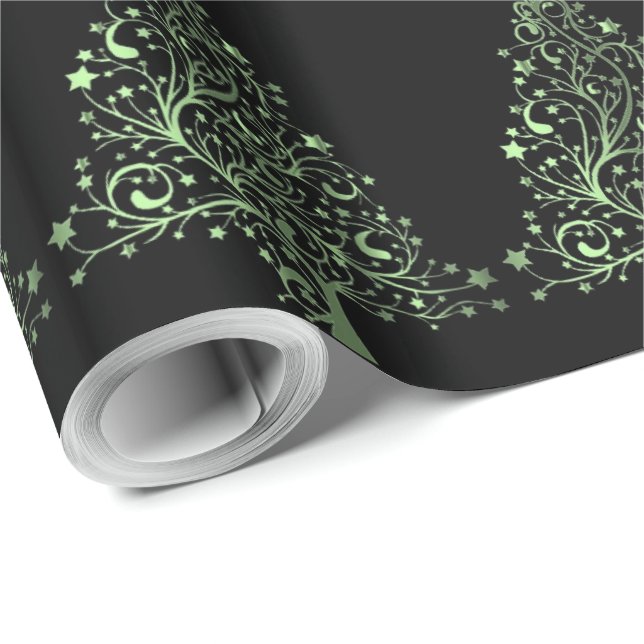 Christmas Tree Stars Black Metallic Green Look Wrapping Paper (Roll Corner)