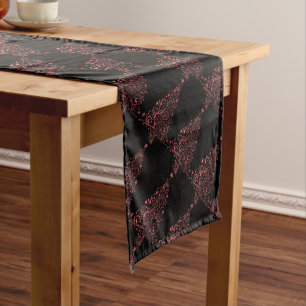 Christmas Tree Stars Black Metallic Look Red Long Table Runner