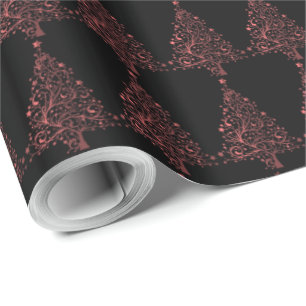 Christmas Tree Stars Black Metallic Red Look Wrapping Paper