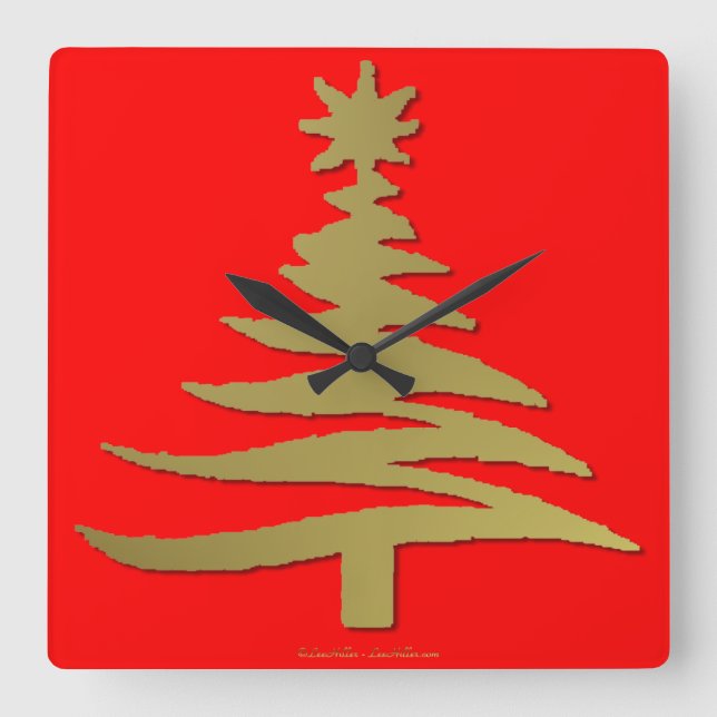 Christmas Tree Stencil Gold Square Wall Clock (Front)