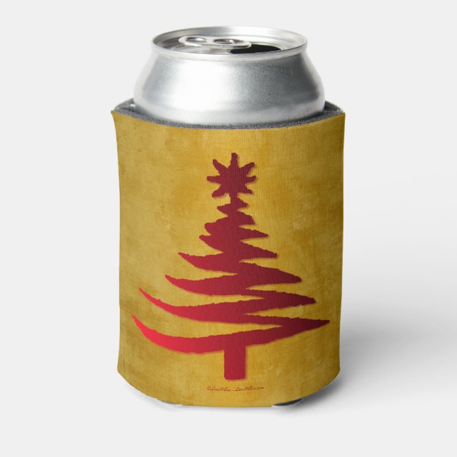 Christmas Tree Stencil Red on Gold Can Cooler (Can Back)