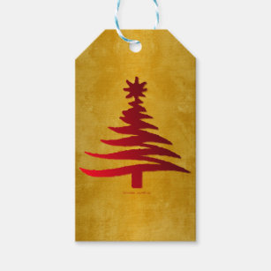 Christmas Tree Stencil Red on Gold Gift Tags