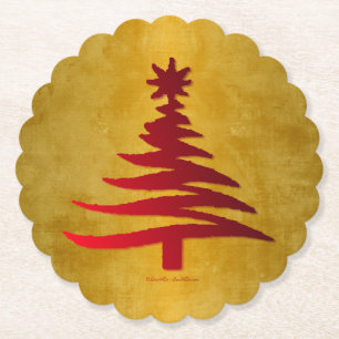 Christmas Tree Stencil Red on Gold Paper Coaster