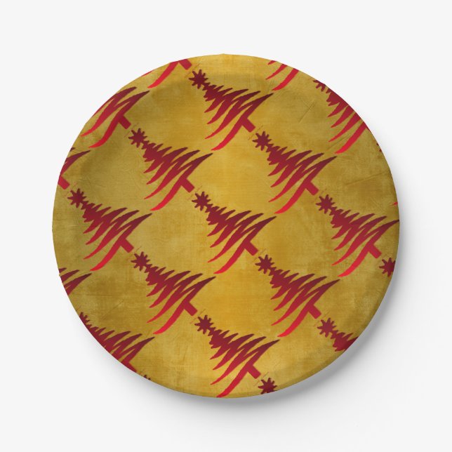 Christmas Tree Stencil Red on Gold Paper Plate (Front)