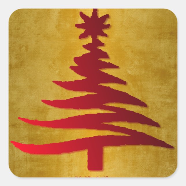 Christmas Tree Stencil Red on Gold Square Sticker (Front)