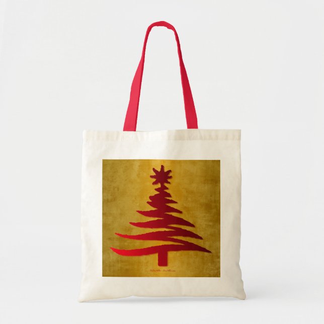 Christmas Tree Stencil Red on Gold Tote Bag (Front)