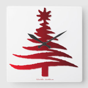 Christmas Tree Stencil Red Square Wall Clock
