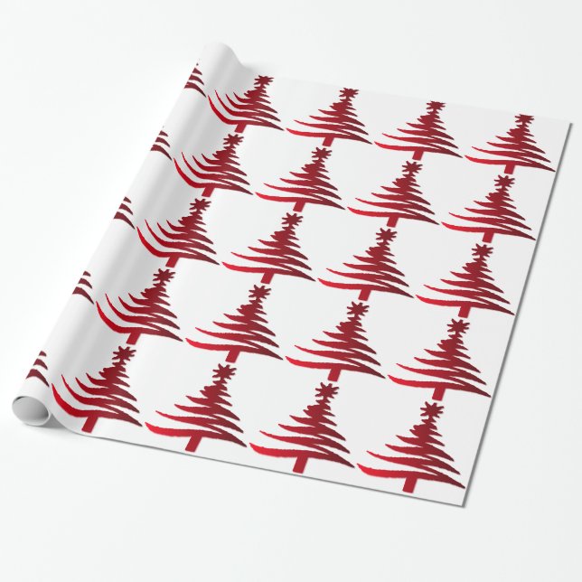 Christmas Tree Stencil Red Wrapping Paper (Unrolled)