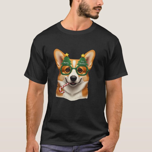 Christmas Tree Sunglasses Corgi Candy Cane Mens Wo T-Shirt (Front)
