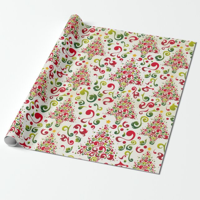 Christmas Tree Swirls Wrapping Paper (Unrolled)