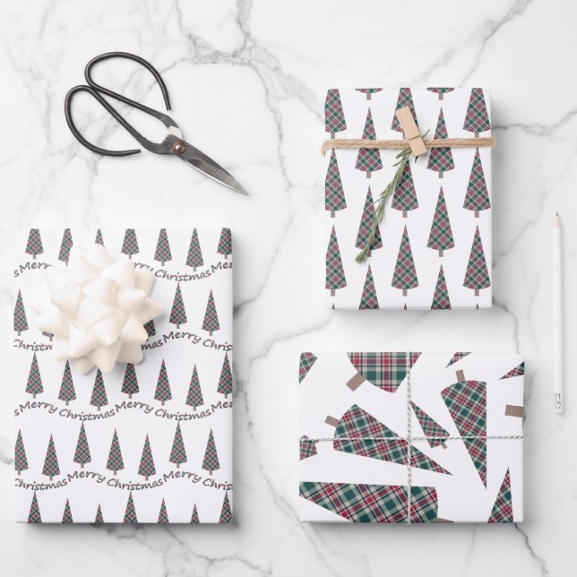 Christmas Tree Tartan Pattern on White Wrapping Paper Sheet (Front)