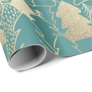 Christmas Tree Teal Mint Gold Fancy Glitter Wood Wrapping Paper