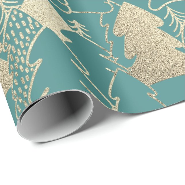 Christmas Tree Teal Mint  Gold Fancy Glitter Wood Wrapping Paper (Roll Corner)