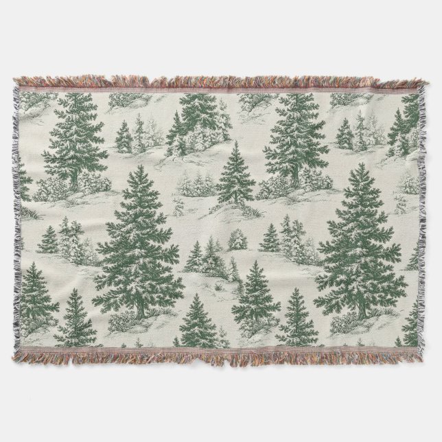 Christmas Tree  Toile  De Jouy Green Tablecloth Throw Blanket (Front)