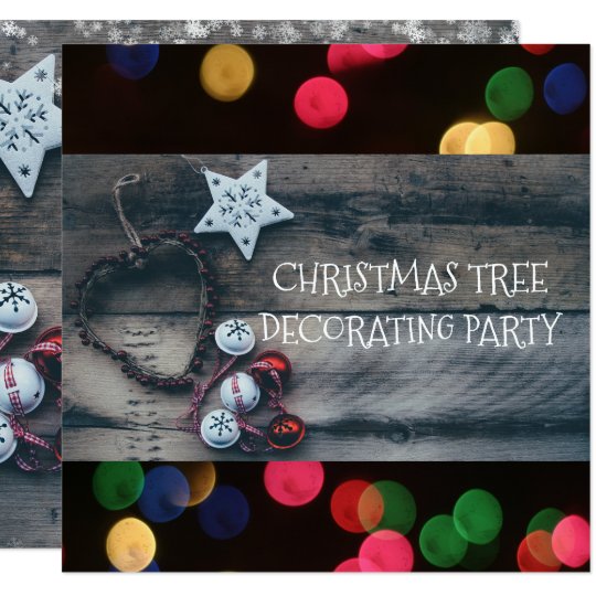 Christmas Tree Trimming Party Rustic Wood Bokeh Card
