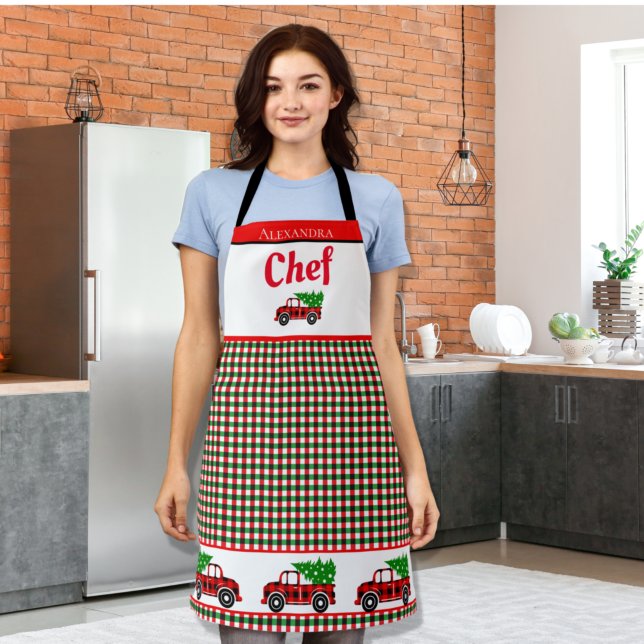 Christmas Tree Truck Chef  Red Green Holiday Plaid Apron (Creator Uploaded)