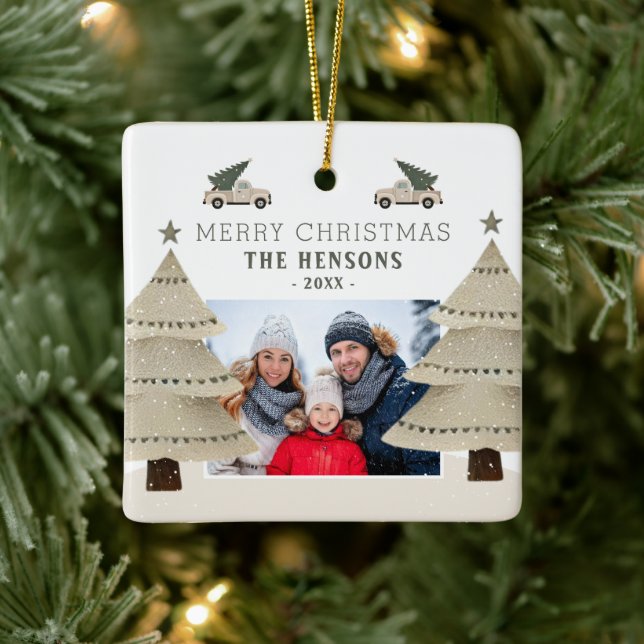 Christmas Tree Truck Family Photo Holiday Ceramic Ornament (Tree)