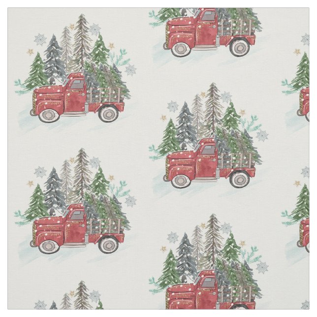 Christmas Tree Truck Rustic Pattern Watercolor Fabric (Swatch)