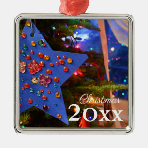 Christmas Tree Twinkling Lights Blue Star Holiday Metal Ornament