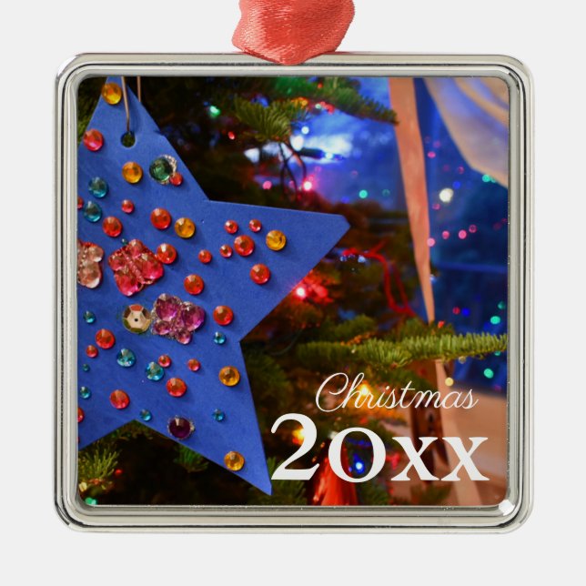 Christmas Tree Twinkling Lights Blue Star Holiday Metal Ornament (Front)