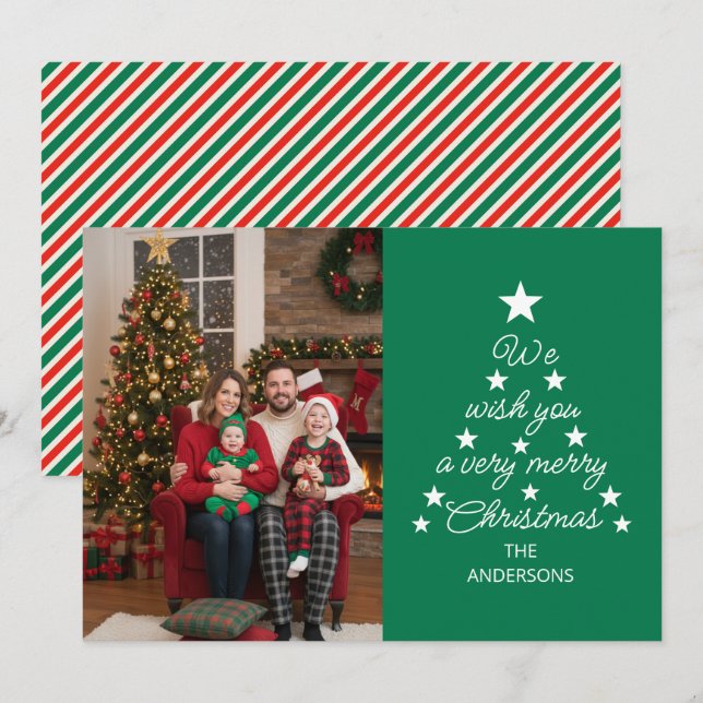 Christmas Tree Typography Family Photo Stars Green Holiday Card (Front/Back)