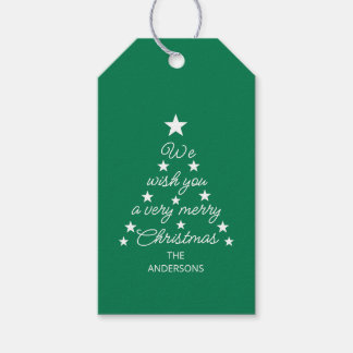 Christmas Tree Typography Green White Stars & Name Gift Tags