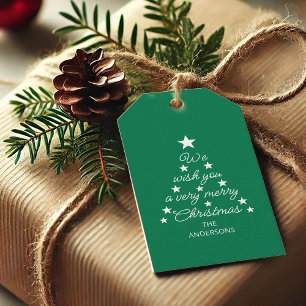Christmas Tree Typography Green White Stars & Name Gift Tags