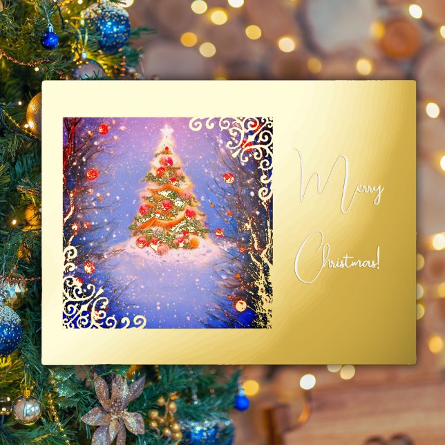 Christmas tree under the snow with gold foil holiday postcard (Creator Uploaded)