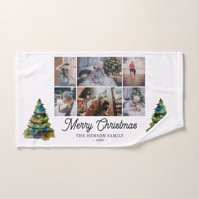 Christmas Tree Watercolor Family 6 Photo Collage Hand Towel (Hand Towel)