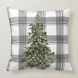 Christmas Tree Watercolor Grey Black Plaid Cushion