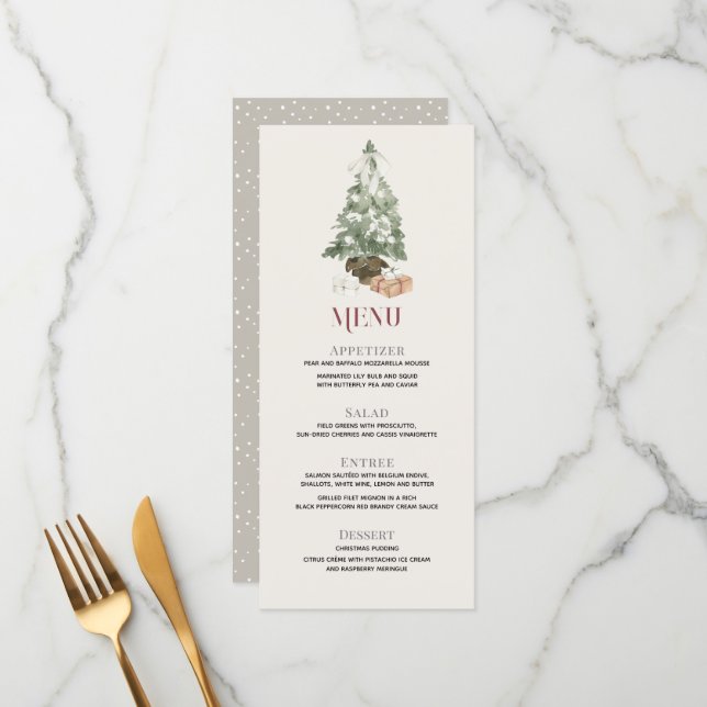 Christmas Tree Watercolor Holiday Dinner Party  Menu (Front/Back In Situ)