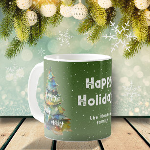 Christmas Tree Watercolor Merry Jolly Happy Family Coffee Mug