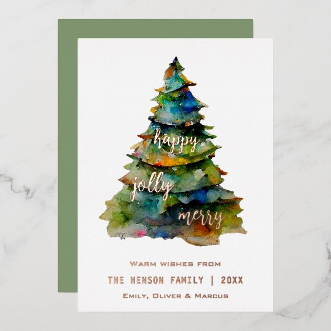Christmas Tree Watercolor Merry Jolly Happy   Foil Holiday Card (Front/Back)
