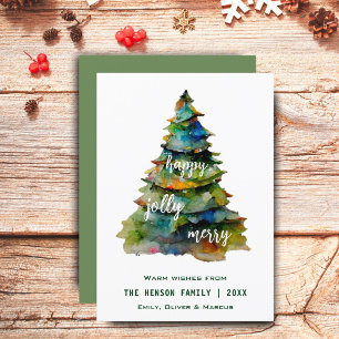 Christmas Tree Watercolor Merry Jolly Happy Holiday Card