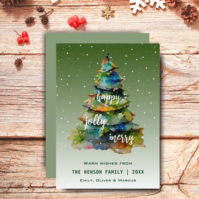 Christmas Tree Watercolor Merry Jolly Happy  Holiday Card (Creator Uploaded)