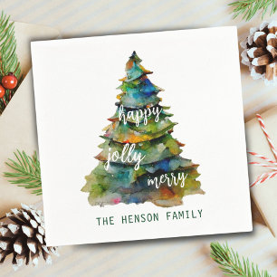 Christmas Tree Watercolor Merry Jolly Happy  Napkin