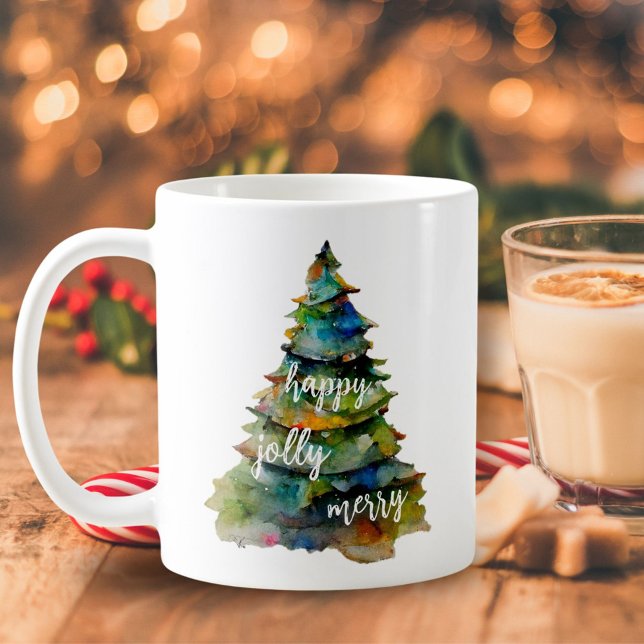 Christmas Tree Watercolor Merry Jolly Happy Script Coffee Mug (Creator Uploaded)
