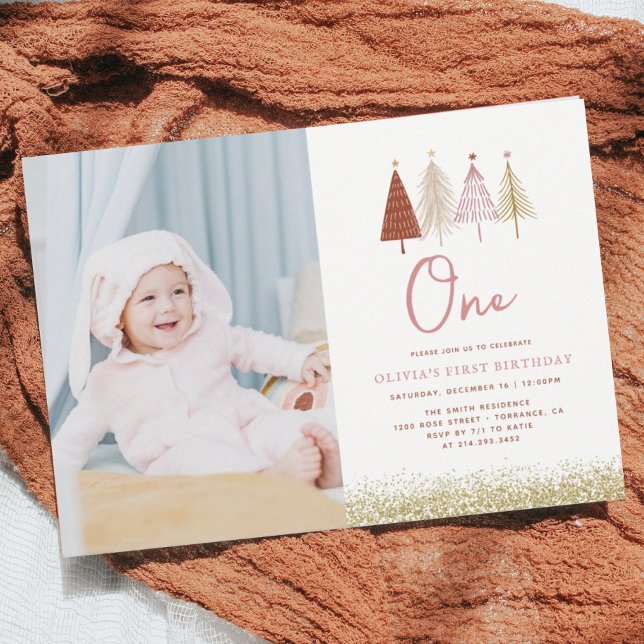 Christmas Tree Winter Girl 1st Birthday Photo Invitation (Creator Uploaded)